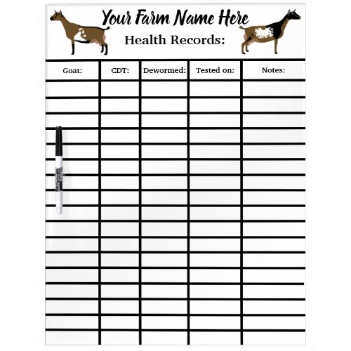 Personalized Nigerian Dwarf Goat Health Records Dry Erase Board