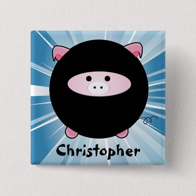 Personalized Ninja Pig on Blue Button (Front)