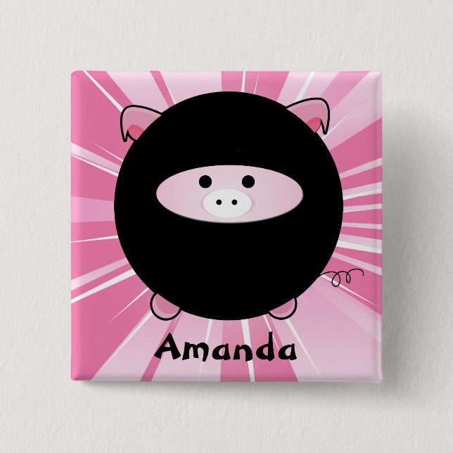 Personalized Ninja Pig on Pink Button (Front)