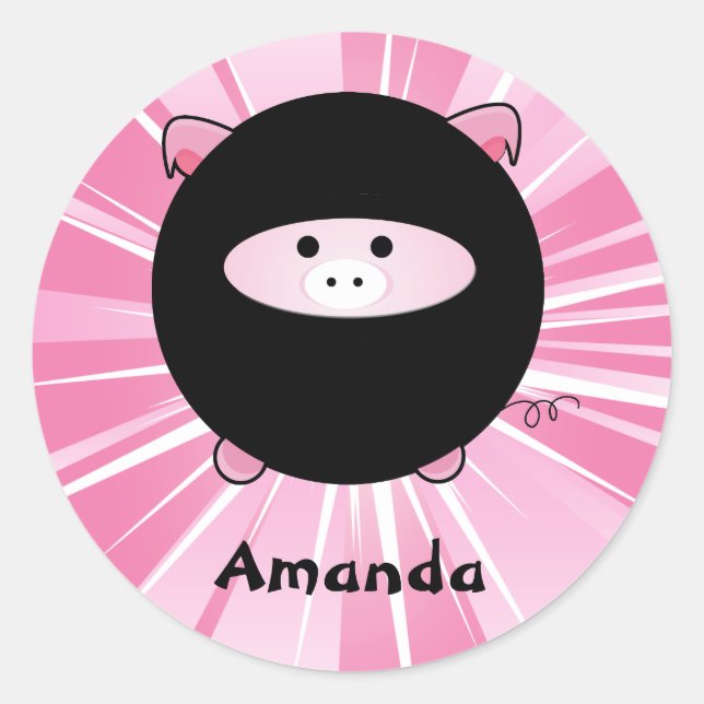 Personalized Ninja Pig on Pink Classic Round Sticker (Front)
