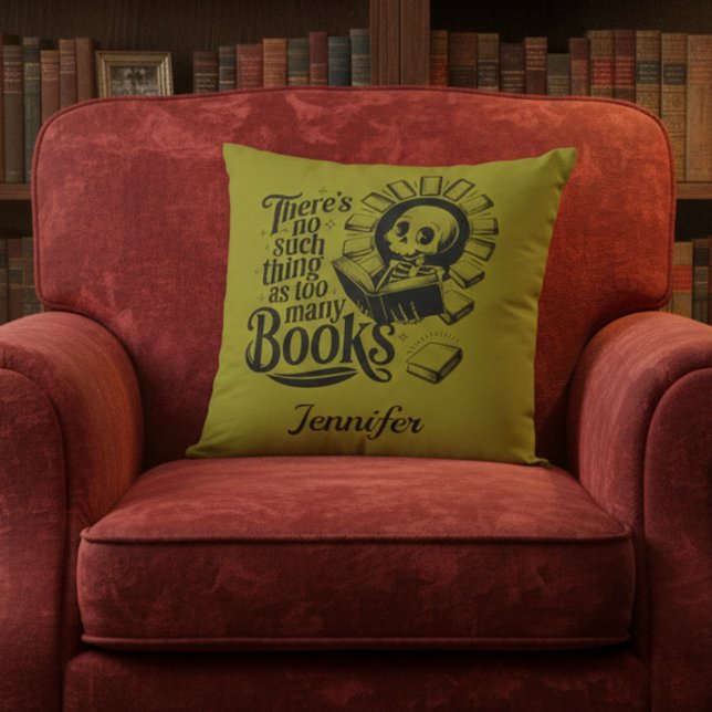 Personalized No Such Thing Too Many Bookworm Throw Pillow (Olive green book worm throw pillow on red velvet chair.)