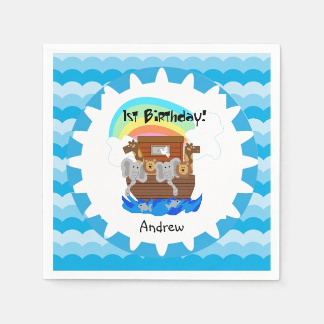 Personalized Noah's Ark 1st Birthday Paper Napkins (Front)