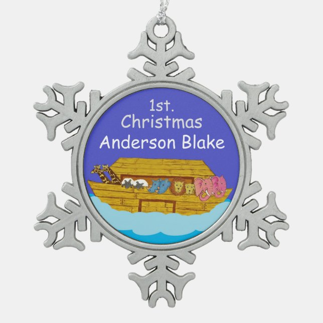 personalized Noah's Ark baby 1st Christmas Snowflake Pewter Christmas Ornament (Front)
