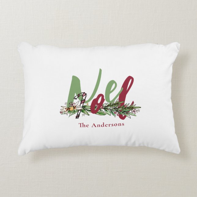 Personalized Noel Red & Green Christmas Accent Pillow (Front)
