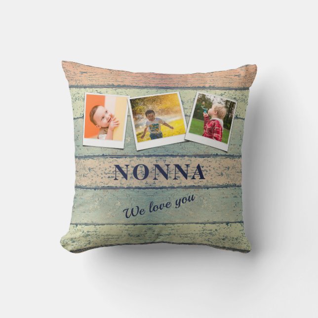 Personalized Nonna Grandchildren 3 Photo Collage Throw Pillow (Front)