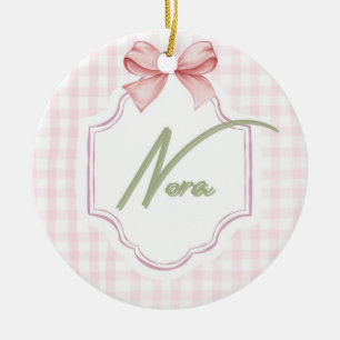 Personalized Nora Baby Girl Nursery Bow&Gingham  Ceramic Ornament