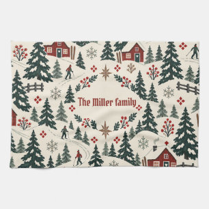 Personalized Nordic Christmas Ski Lodge Family Kitchen Towel