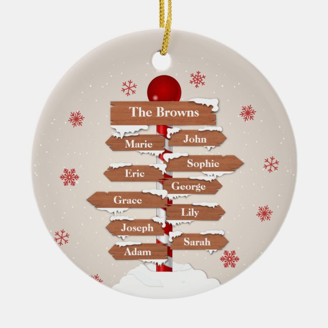 Personalized North Pole 10 Family Names Ceramic Ornament (Front)