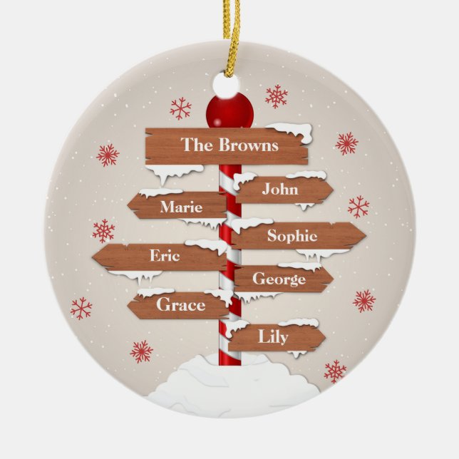 Personalized North Pole 7 Family Names Ceramic Ornament (Front)