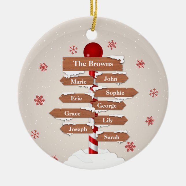 Personalized North Pole 9 Family Names Ceramic Ornament (Front)