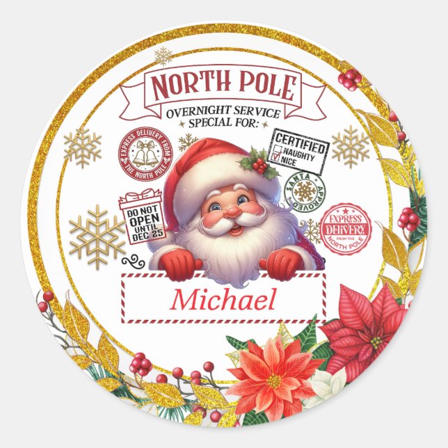 Personalized North Pole Delivery Santa Christmas Classic Round Sticker (Front)