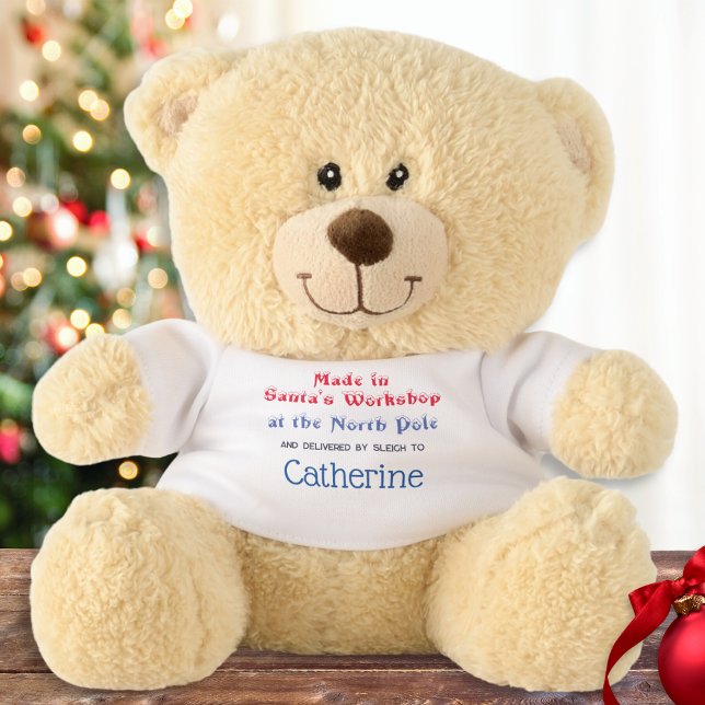 Personalized North Pole Huggable Cute Christmas  Teddy Bear (A cute teddy bear made in 'Santa's Workshop at the North Pole', to personalize with a name)