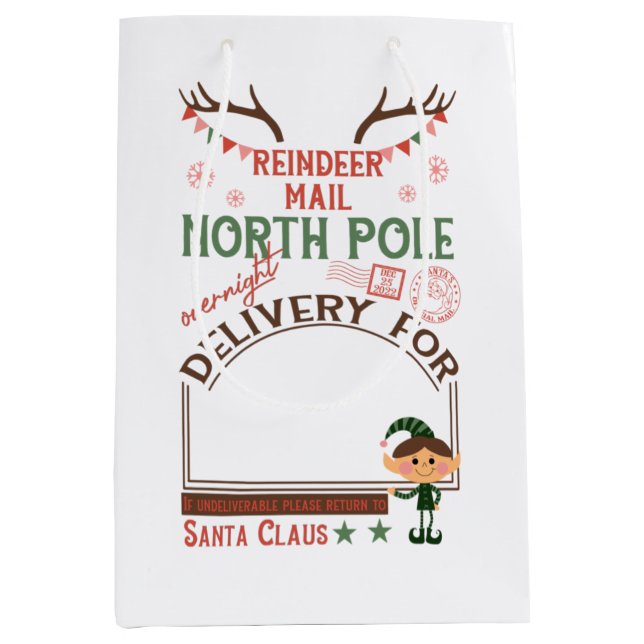 Personalized North Pole Reindeer Mail Medium Gift Bag (Front)