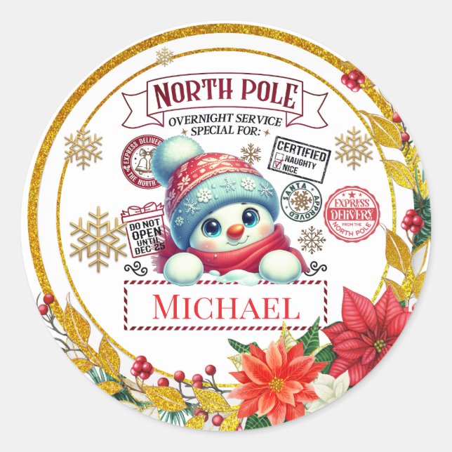 Personalized North Pole Snowman Christmas Gift Classic Round Sticker (Front)