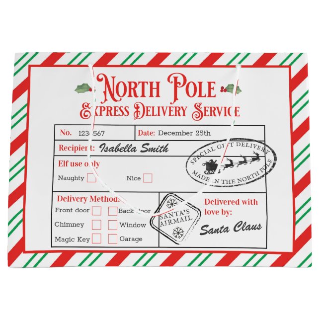 Personalized North Pole Special Delivery Santa Large Gift Bag (Front)