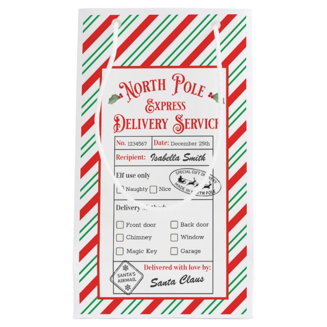 Personalized North Pole Special Delivery Santa Small Gift Bag (Front)