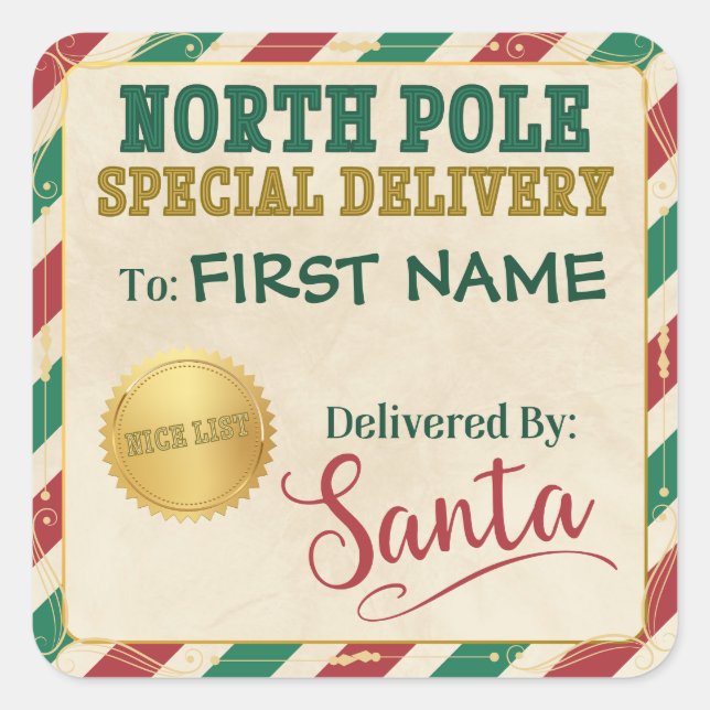 Personalized North Pole Special Delivery - Santa Square Sticker (Front)