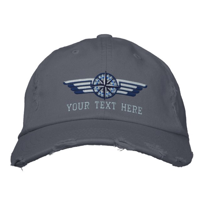 Personalized Northern Star Compass Pilot Wings Embroidered Baseball Cap (Front)