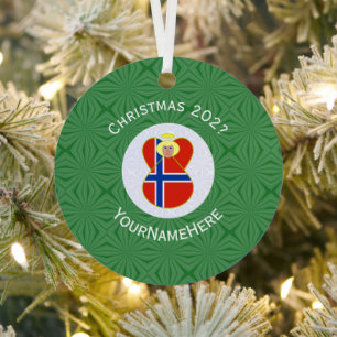 Personalized Norwegian Angel Christmas Flag Metal Ornament