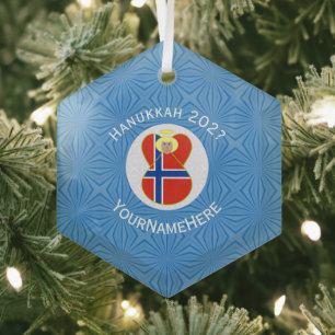 Personalized Norwegian Angel Hanukkah Flag Glass Ornament