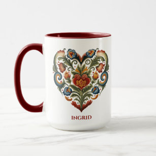 Personalized Norwegian Rosemaling Folk Art Heart Mug
