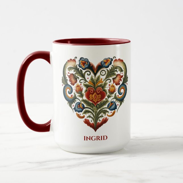 Personalized Norwegian Rosemaling Folk Art Heart Mug (Left)
