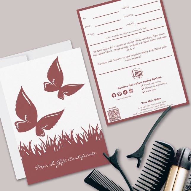 Personalized Note Spring March Gift Certificate (QR Code Services Note March Gift Certificate, Smoky Topaz White, Butterflies)