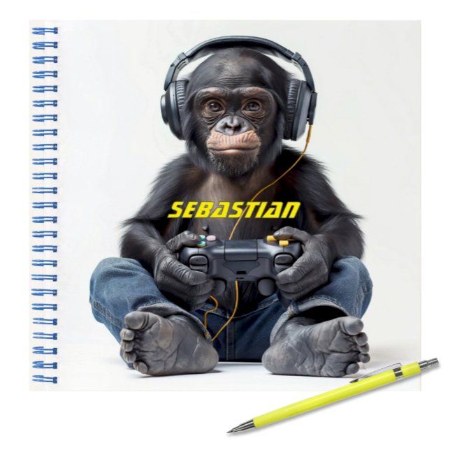 Personalized Notebook Gamer Chimp for Kids (Funny Monkey Chimp wearing headphones and playing video games personalized notebook for kids)
