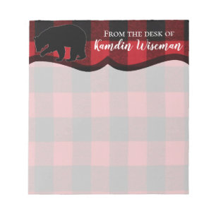 Personalized Notepad Red Buffalo Plaid Bear Black