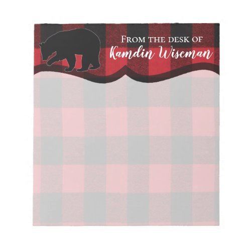 Personalized Notepad Red Buffalo Plaid Bear Black