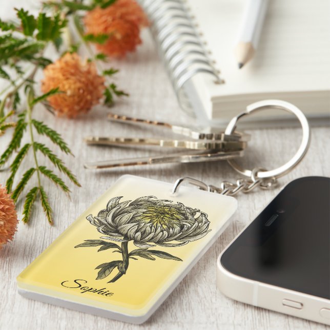 Personalized November Birth Flower Chrysanthemum Keychain (Front Right)