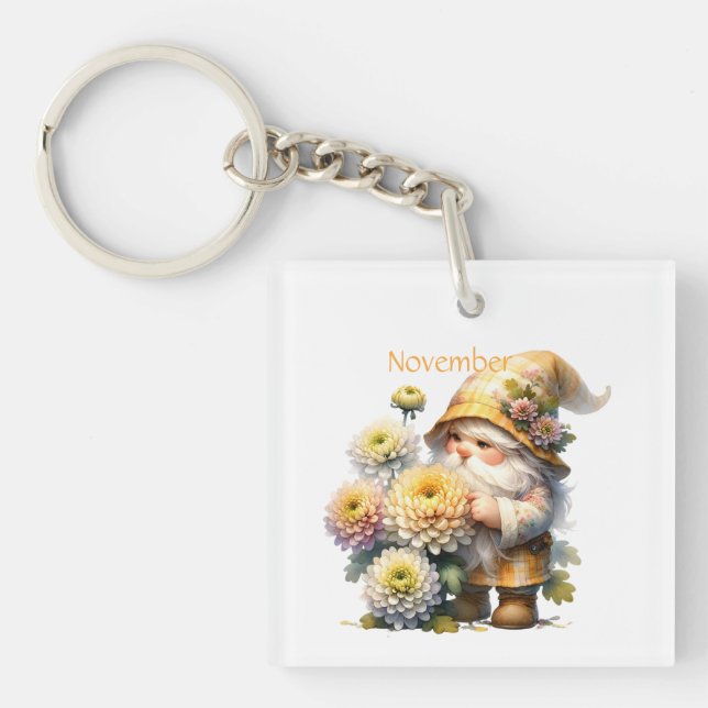 Personalized November Birth Month Garden Gnome  Keychain (Front)