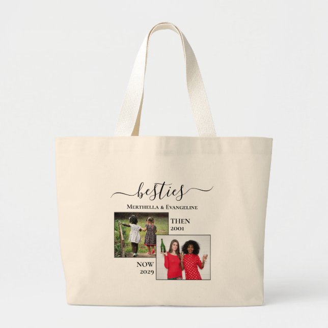 Personalized Now Then 2 Photo BESTIES Large Tote Bag (Front)