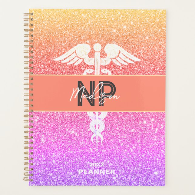 Personalized NP Nurse Practitioner Rainbow Glitter Planner (Front)