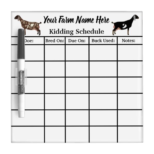 Personalized Nubian Dairy Goat Kidding Schedule Dry Erase Board