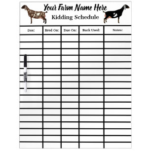 Personalized Nubian Dairy Goat Kidding Schedule Dry Erase Board