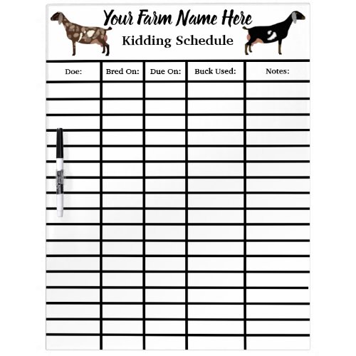 Personalized Nubian Dairy Goat Kidding Schedule Dry Erase Board