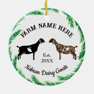 Personalized Nubian Dairy Goat Pine Wreath Ceramic Ornament
