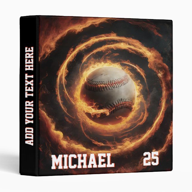 Personalized Number and Name Baseball Ball on Fire 3 Ring Binder (Front/Spine)