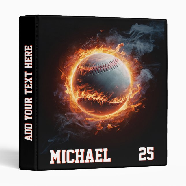 Personalized Number and Name Baseball Ball on Fire 3 Ring Binder (Front/Spine)