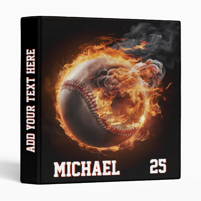 Personalized Number and Name Baseball Ball on Fire 3 Ring Binder (Front/Spine)