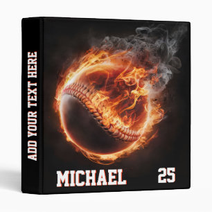Personalized Number and Name Baseball Ball on Fire 3 Ring Binder