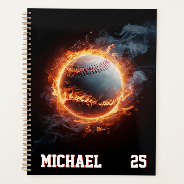 Personalized Number and Name Baseball Ball on Fire Planner (Front)