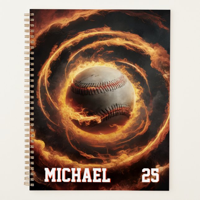 Personalized Number and Name Baseball Ball on Fire Planner (Front)