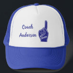 Personalized Number One Coach Foam Finger Trucker Hat<br><div class="desc">Let your coach know that they're the best with this fun baseball cap or truckers hat. It features a blue and white foam finger that reads,  "#1 COACH". It's the perfect gift for end of the season banquets and celebrations.</div>