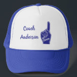 Personalized Number One Coach Foam Finger Trucker Hat<br><div class="desc">Let your coach know that they're the best with this fun baseball cap or truckers hat. It features a blue and white foam finger that reads,  "#1 COACH". It's the perfect gift for end of the season banquets and celebrations.</div>
