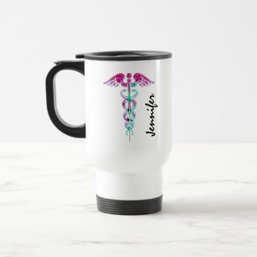 Personalized Nurse Caduceus Medical Pink Teal Travel Mug