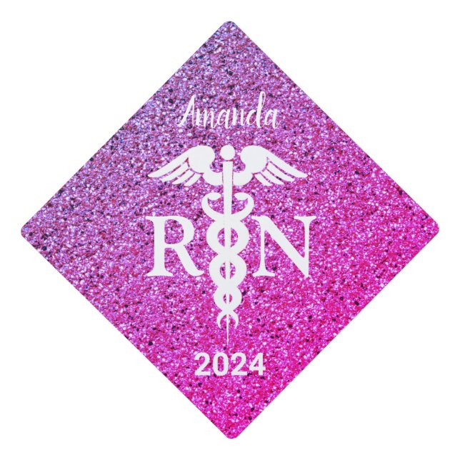Personalized Nurse Caduceus Pink Purple Glitter  Graduation Cap Topper (Front)