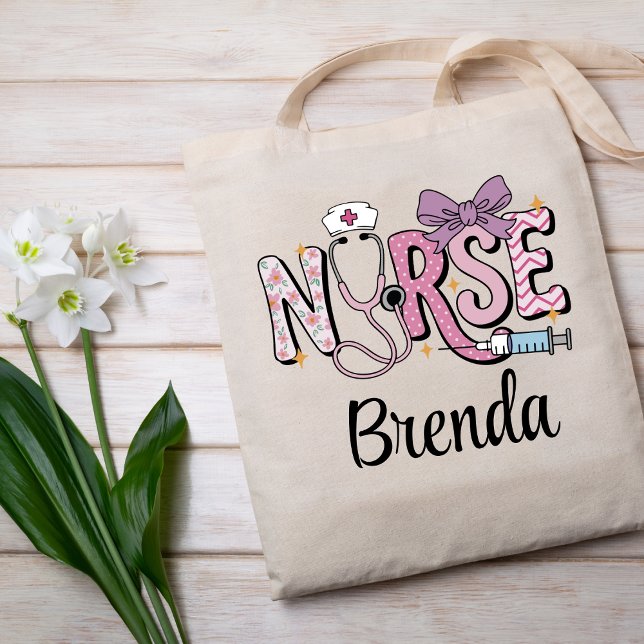 Personalized Nurse Cute Bow Stethoscope Tote Bag (Creator Uploaded)