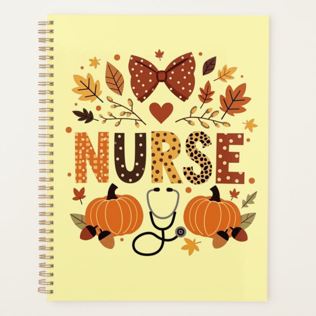 Personalized Nurse – Cute Pumpkin & Autumn Leaves  Planner (Front)